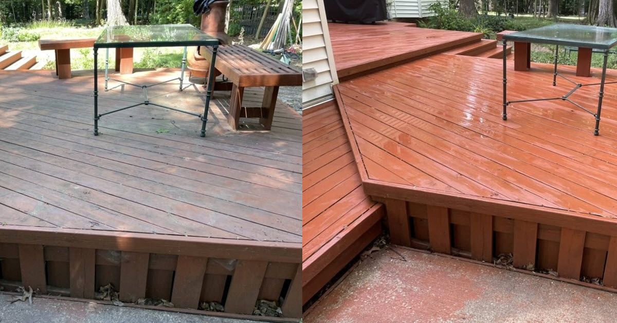 before and after photos of deck that has been softwashed