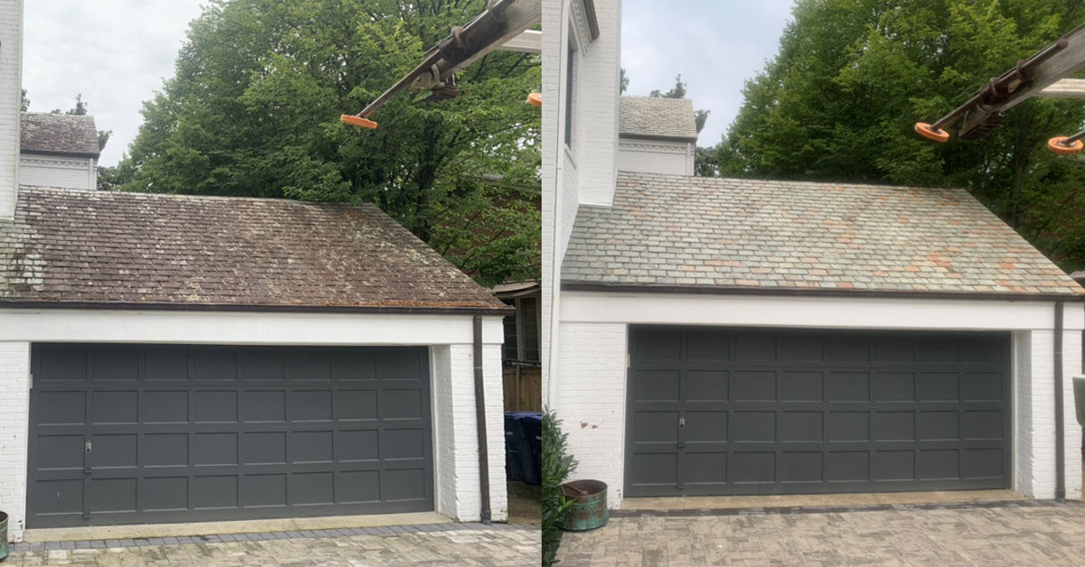 before and after photos of garage that has been softwashed